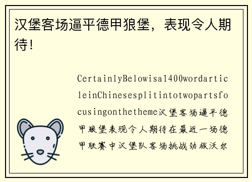 汉堡客场逼平德甲狼堡，表现令人期待！